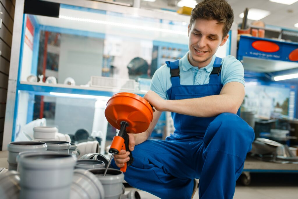 Plumber in overalls holding a plunger in a plumbing showroom